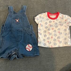 Baby boy Little Me Baseball blue jean overall shorts outfit 0 -3 month
